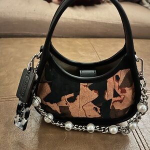 Coach Black and Tan Mini Bag with Pearl Chain